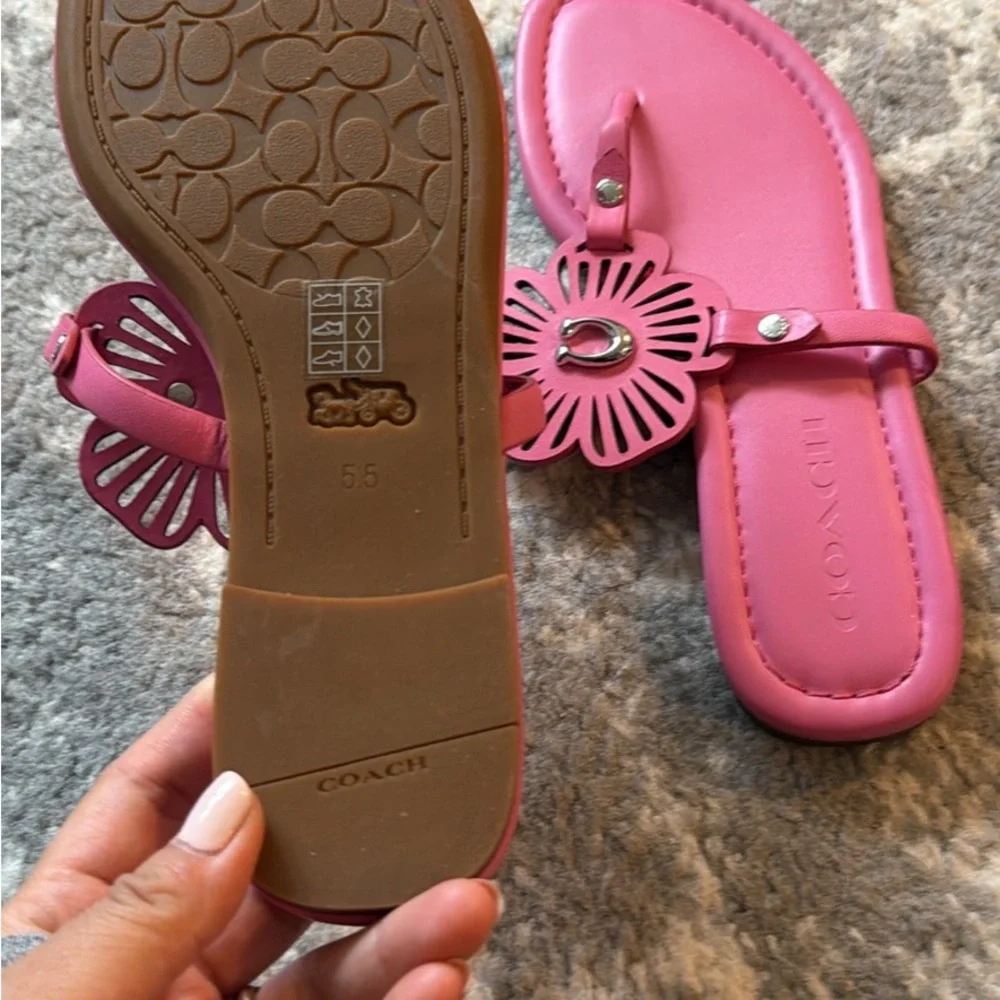 Coach Hot Pink Floral Cutout Leather Thong Sandals - Picture 2 of 2
